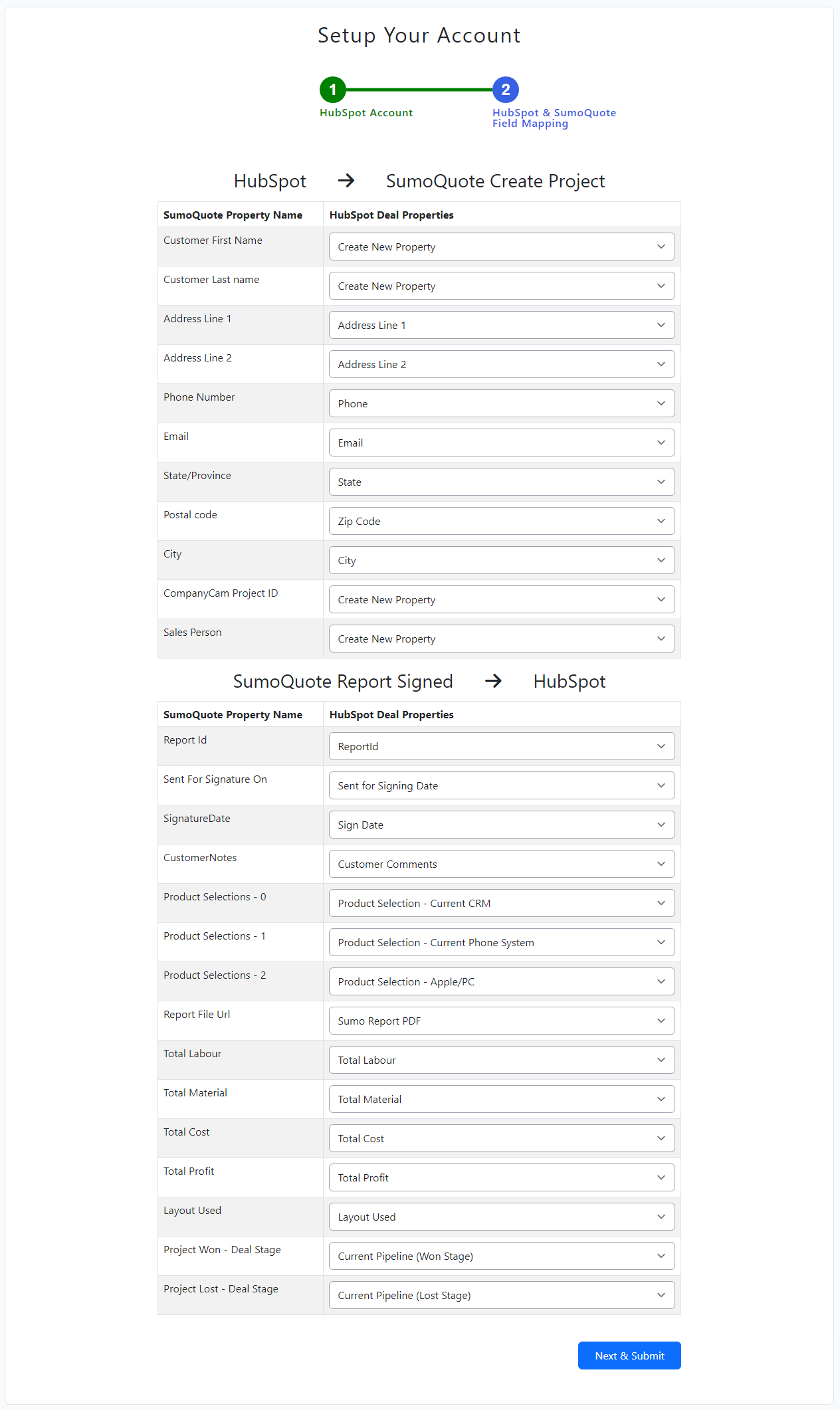 HubSpot & SumoQuote Field Mapping