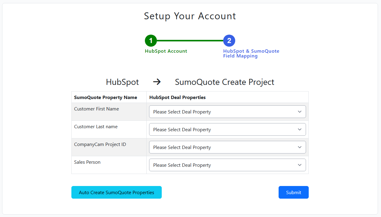 HubSpot & SumoQuote Field Mapping